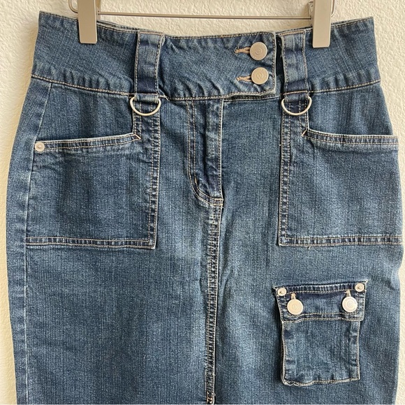 ELLEMENNO Vintage Y2K Mid Wash Denim Jean Utility Front Slit Midi Pencil Skirt - Picture 2 of 8